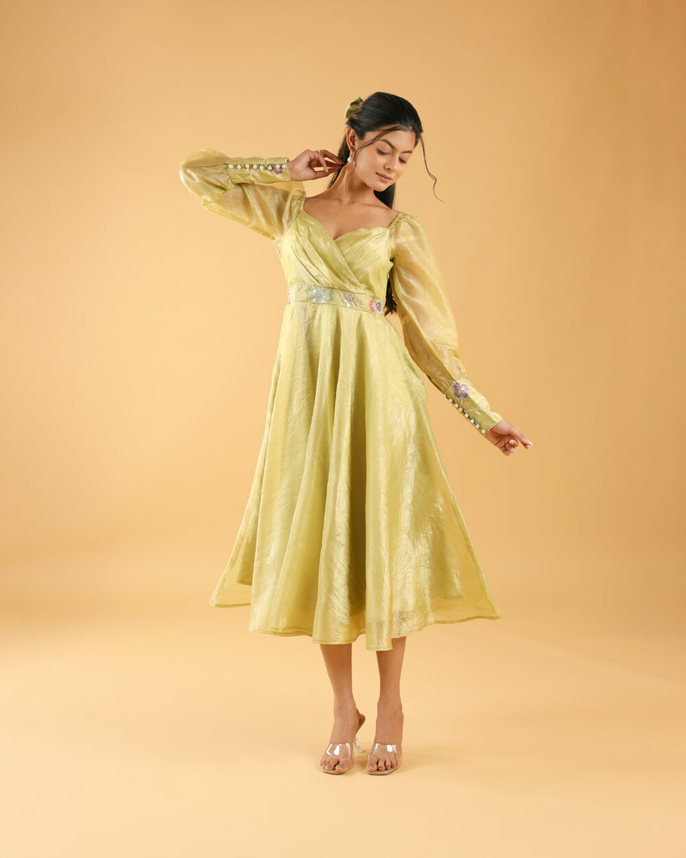 Pista green designer one piece indo-western midi dress with full sleeves and embroidery, ideal for wedding functions, parties, and college events for girls
