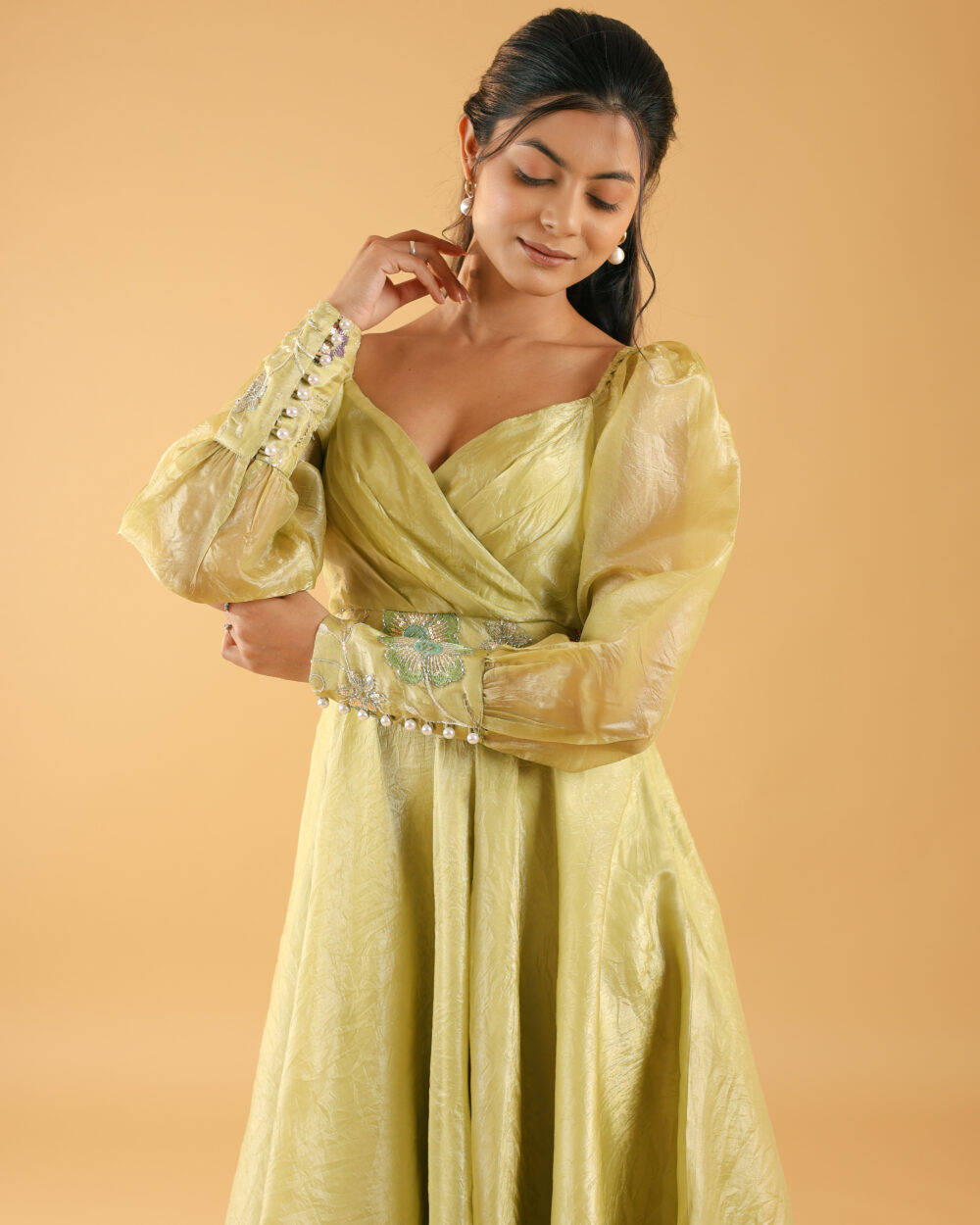 Pista green designer one piece indo-western midi dress with full sleeves and embroidery, ideal for wedding functions, parties, and college events for girls