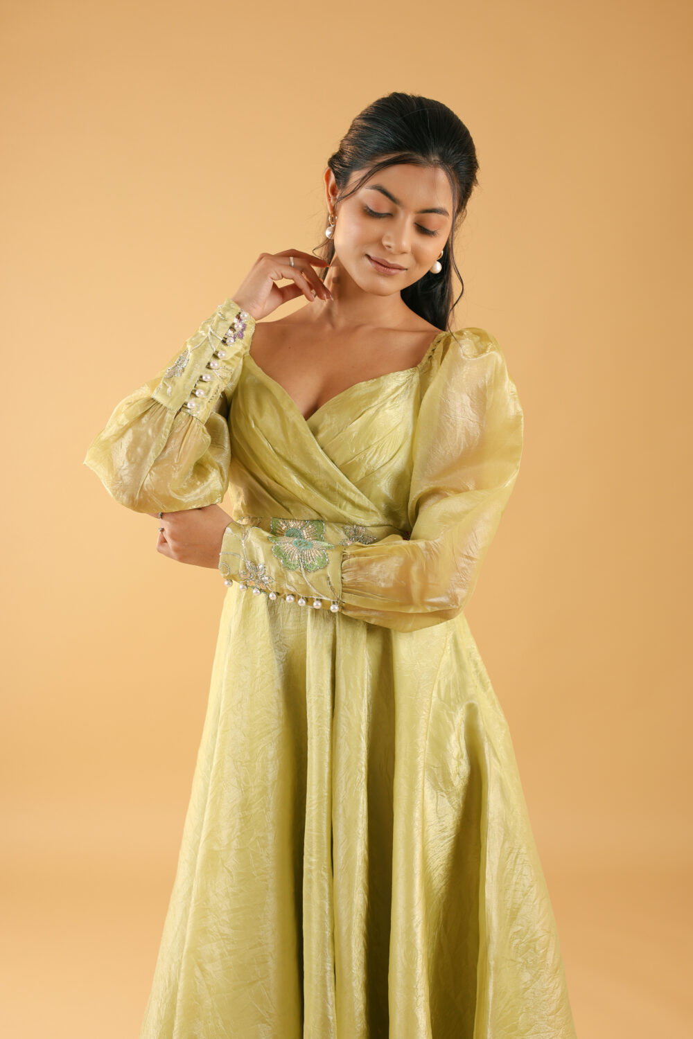 Pista green designer one piece indo-western midi dress with full sleeves and embroidery, ideal for wedding functions, parties, and college events for girls