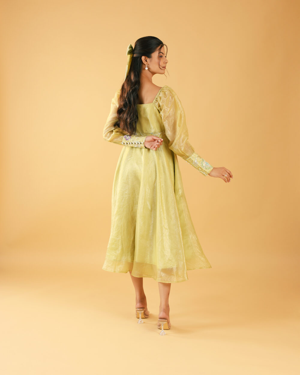 Pista green designer one piece indo-western midi dress with full sleeves and embroidery, ideal for wedding functions, parties, and college events for girls