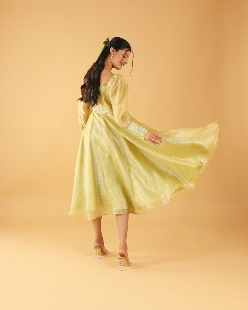 Pista green designer one piece indo-western midi dress with full sleeves and embroidery, ideal for wedding functions, parties, and college events for girls