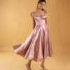 Dusty Rose satin midi dress with flared hem and tie-up shoulder straps, designed for party wear and college events
