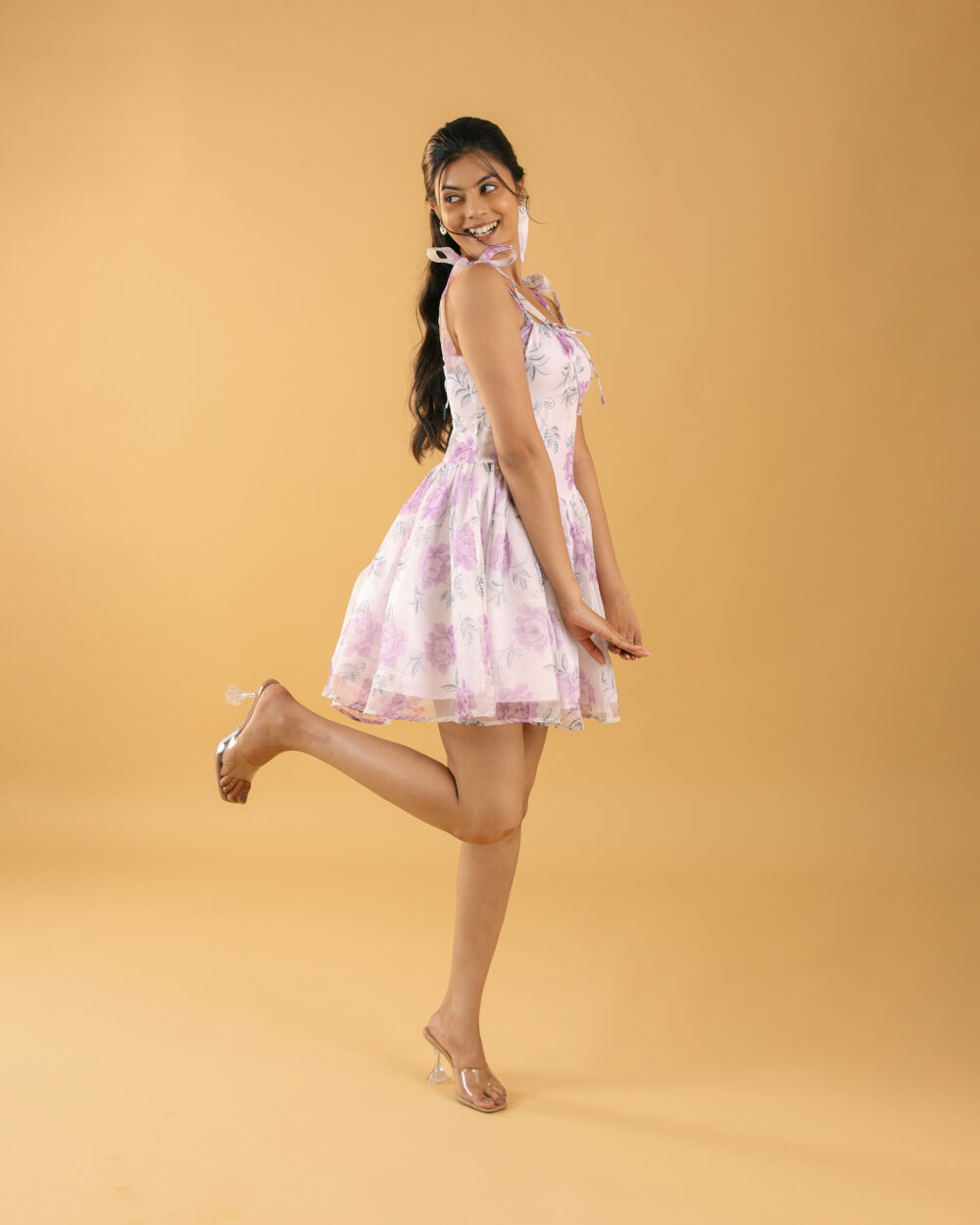 Floral short dress for women in blush pink, perfect for casual parties, birthdays, and college events.