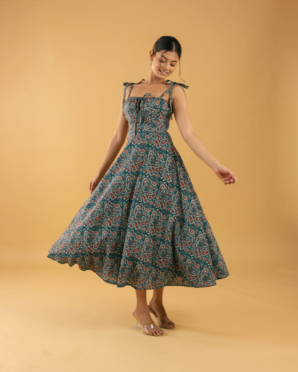 Indo-western cotton midi dress for girls with paisley print, ideal for summer events and day functions