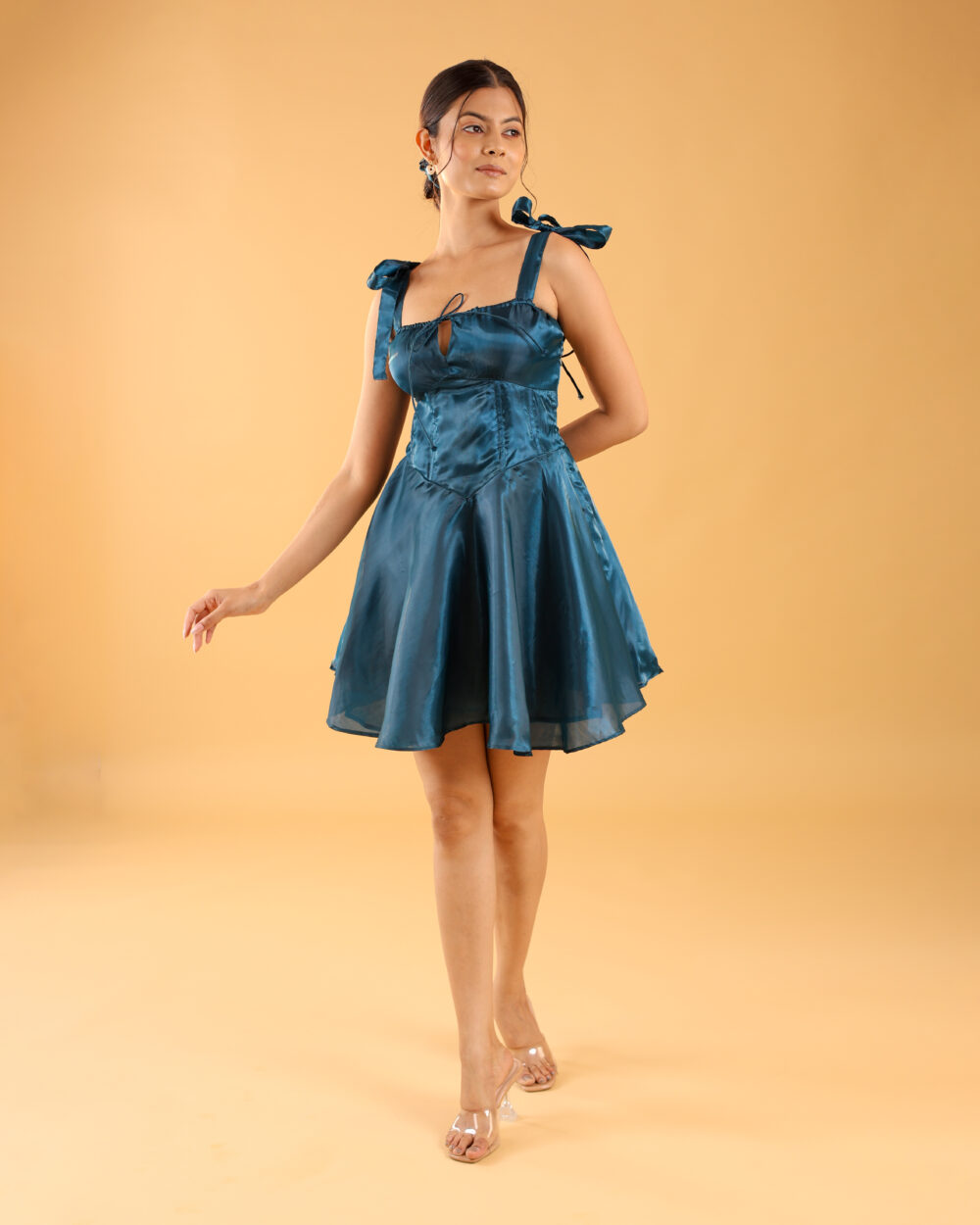 Short teal one piece dress for girls with 4-meter flair, perfect for party nights and freshers events.