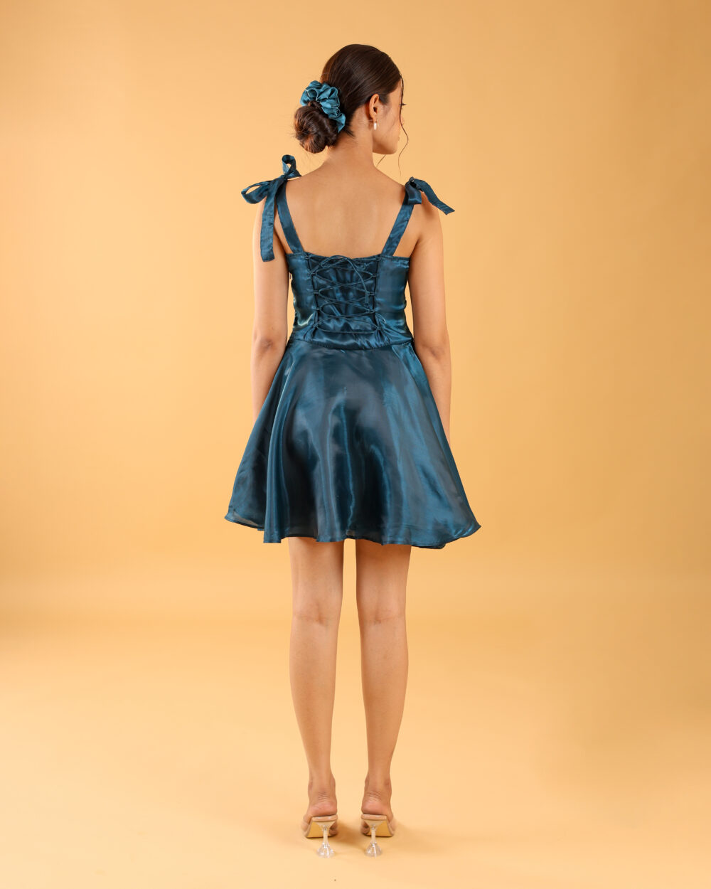 Short teal one piece dress for girls with 4-meter flair, perfect for party nights and freshers events.