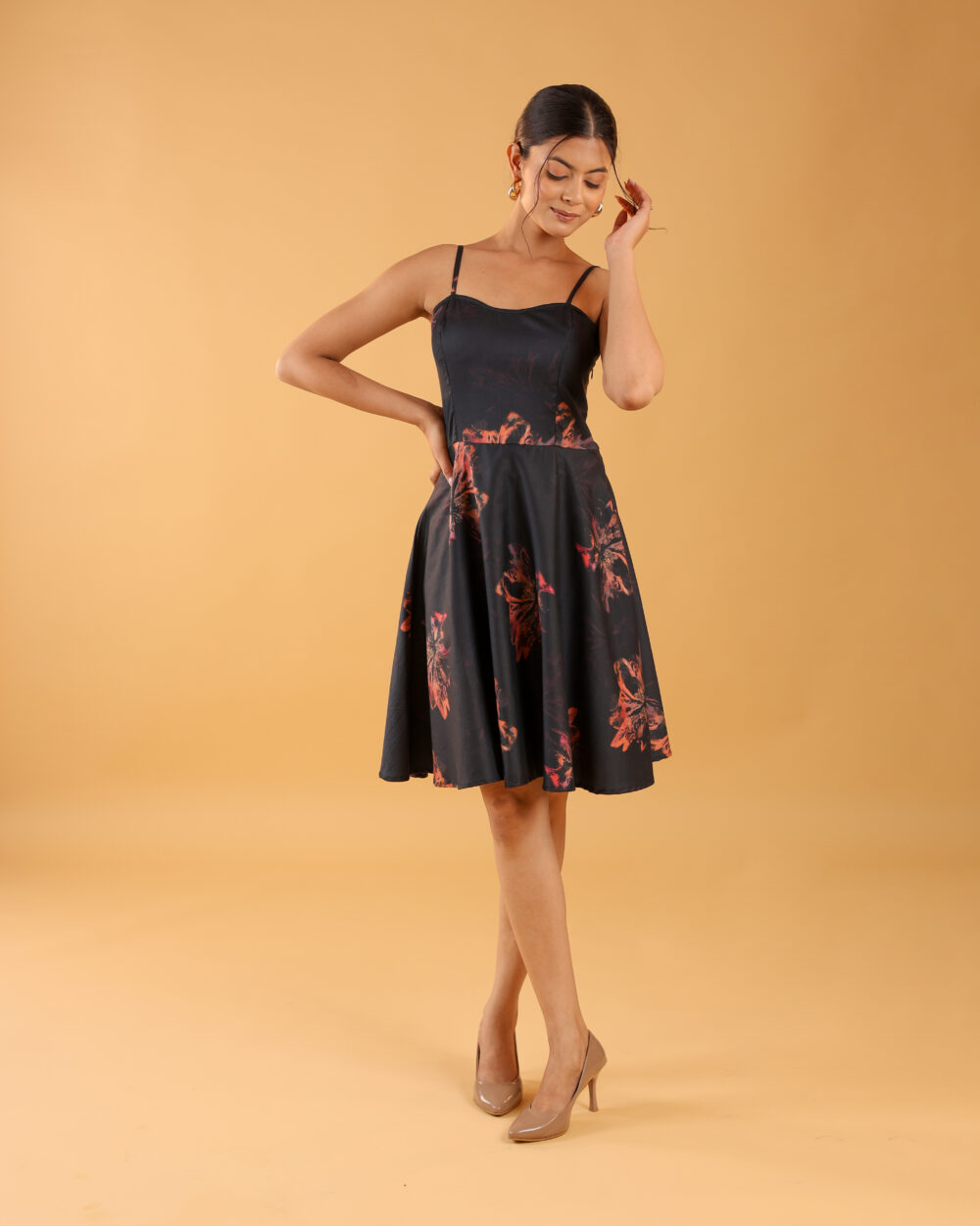 Black floral short one piece dress for girls with 4-meter flair, perfect for college fest, date nights, and evening parties