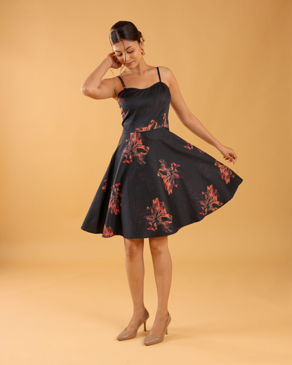 Black floral short one piece dress for girls with 4-meter flair, perfect for college fest, date nights, and evening parties