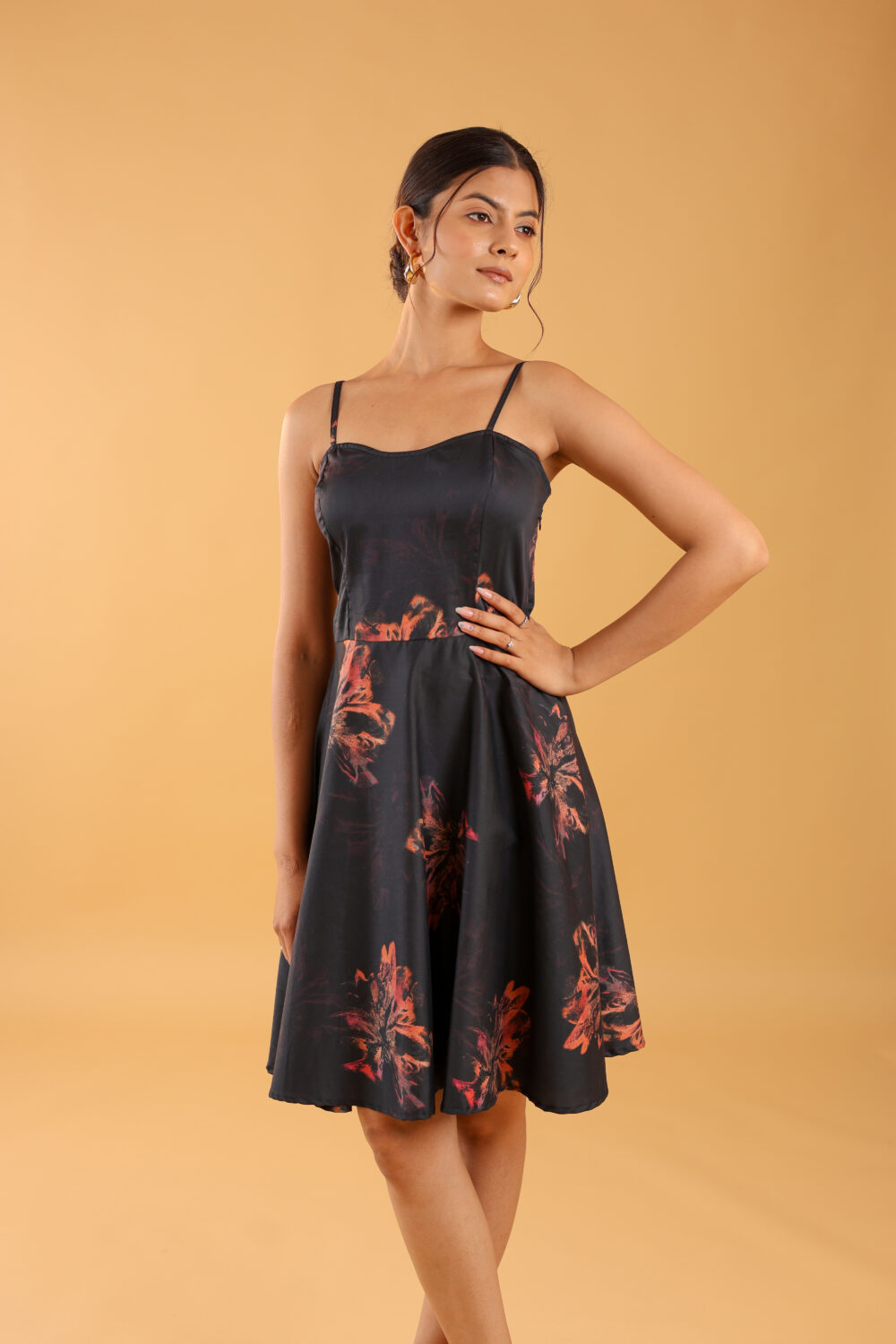 Black floral short one piece dress for girls with 4-meter flair, perfect for college fest, date nights, and evening parties