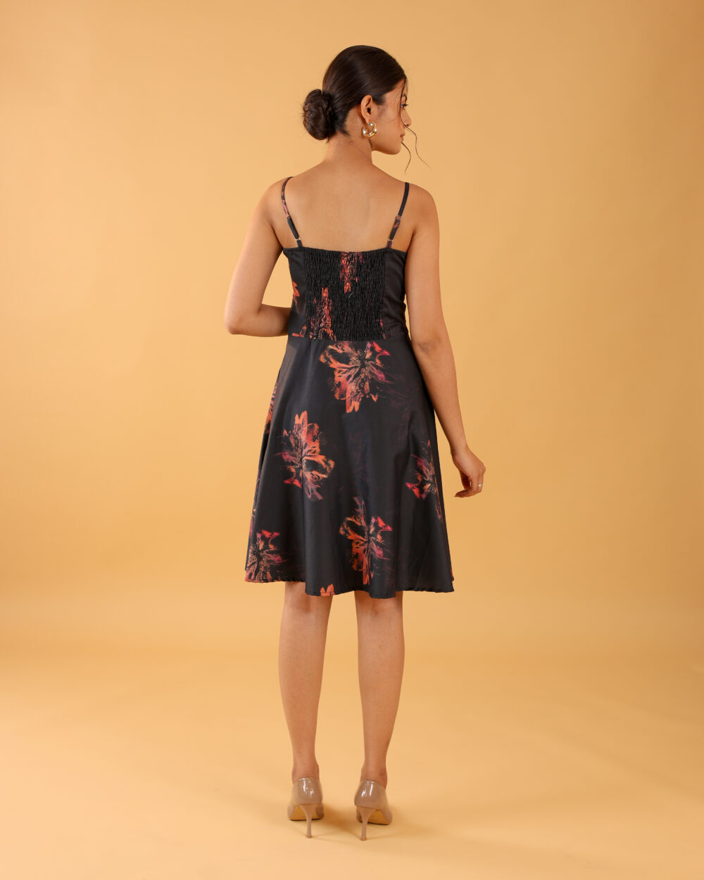 Black floral short one piece dress for girls with 4-meter flair, perfect for college fest, date nights, and evening parties