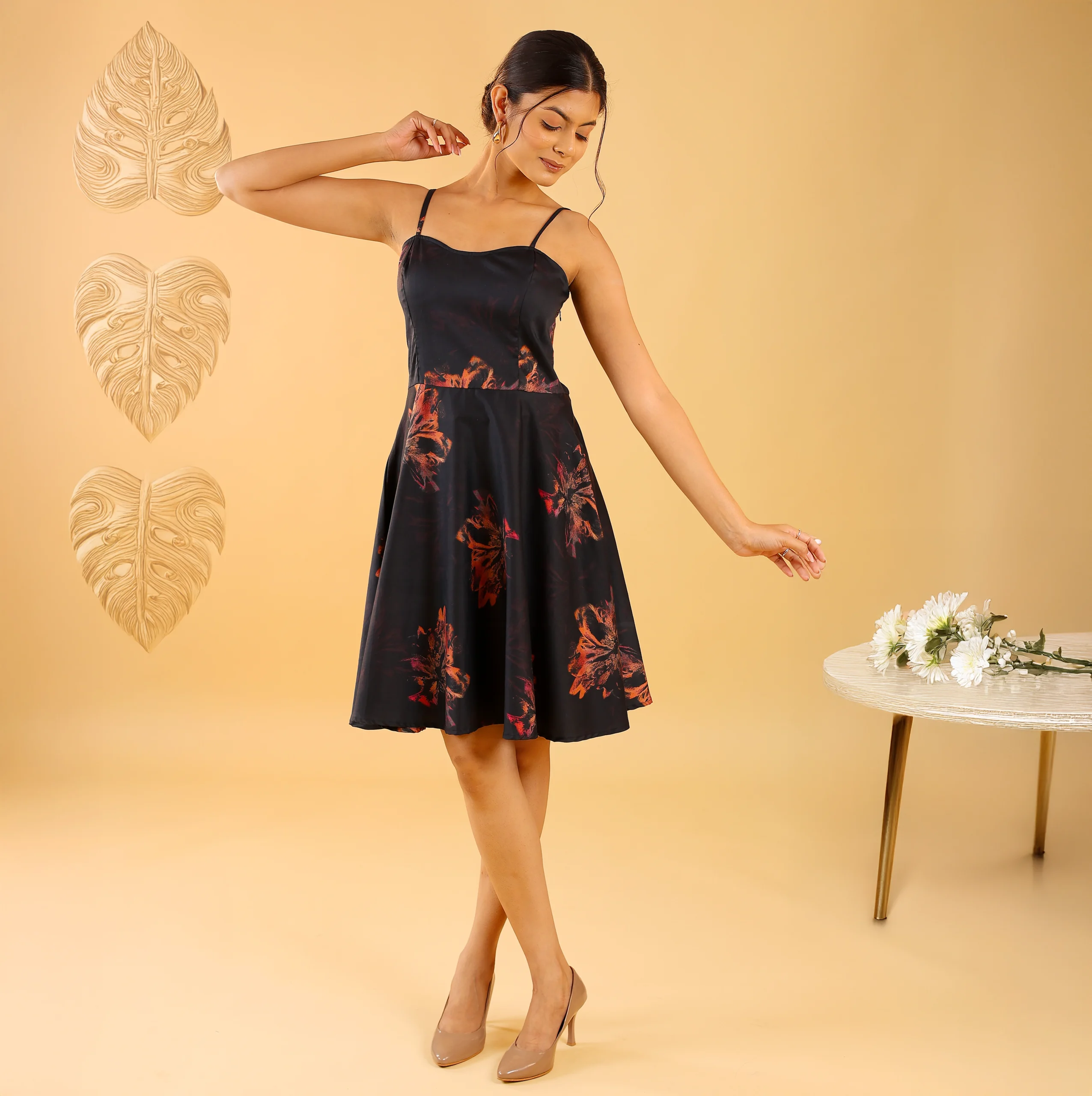 Model wearing dark black short dress