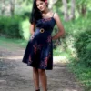 Black floral short one piece dress for girls with 4-meter flair, perfect for college fest, date nights, and evening parties