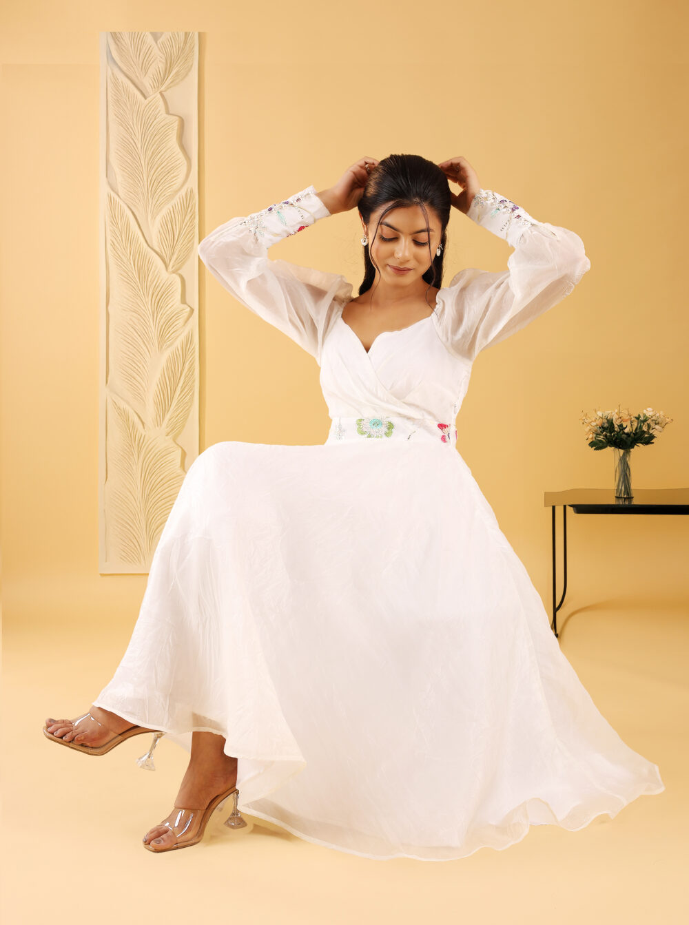 Fairy white one piece indo-western midi dress with full sleeves and subtle embroidery, ideal for wedding, party, and college fest wear