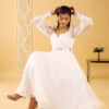 Fairy white one piece indo-western midi dress with full sleeves and subtle embroidery, ideal for wedding, party, and college fest wear