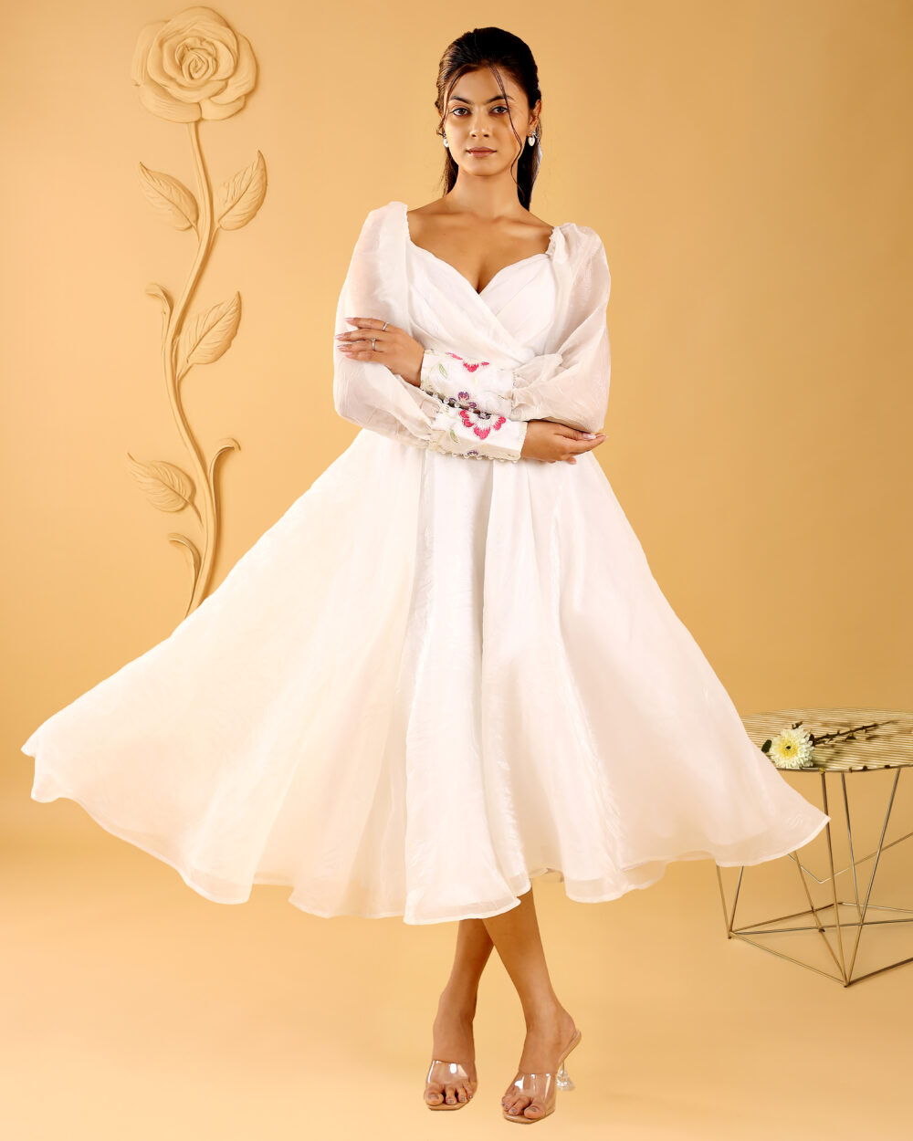 Fairy white one piece indo-western midi dress with full sleeves and subtle embroidery, ideal for wedding, party, and college fest wear