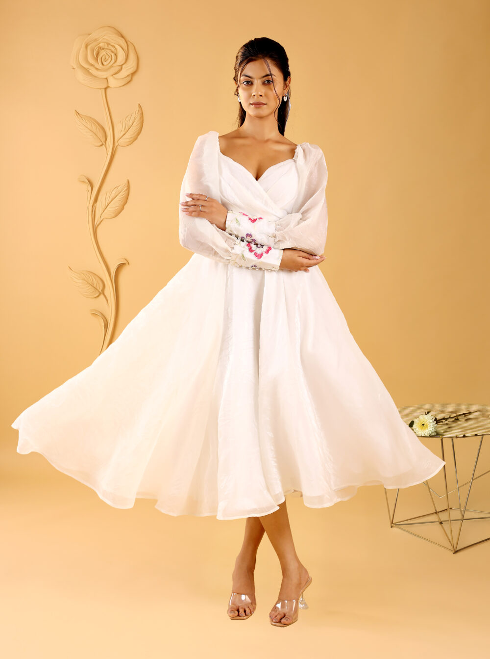 Fairy white one piece indo-western midi dress with full sleeves and subtle embroidery, ideal for wedding, party, and college fest wear