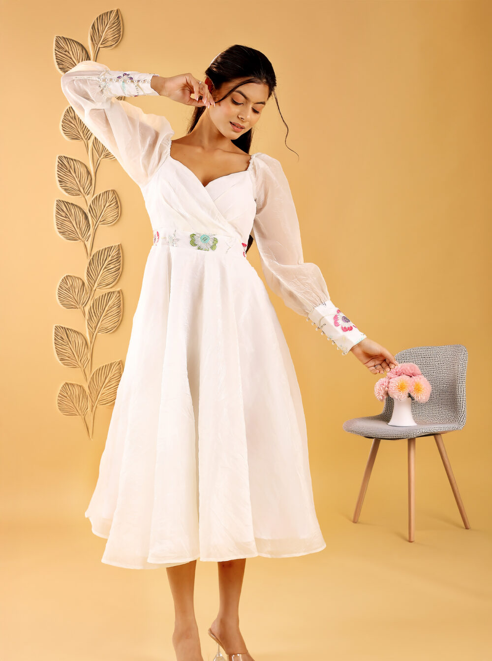 Fairy white one piece indo-western midi dress with full sleeves and subtle embroidery, ideal for wedding, party, and college fest wear