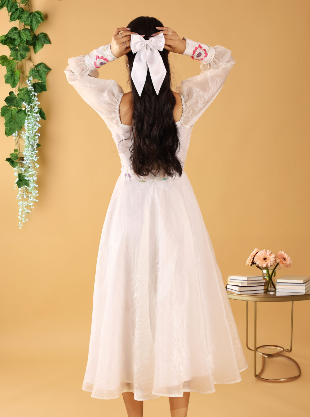 Fairy white one piece indo-western midi dress with full sleeves and subtle embroidery, ideal for wedding, party, and college fest wear