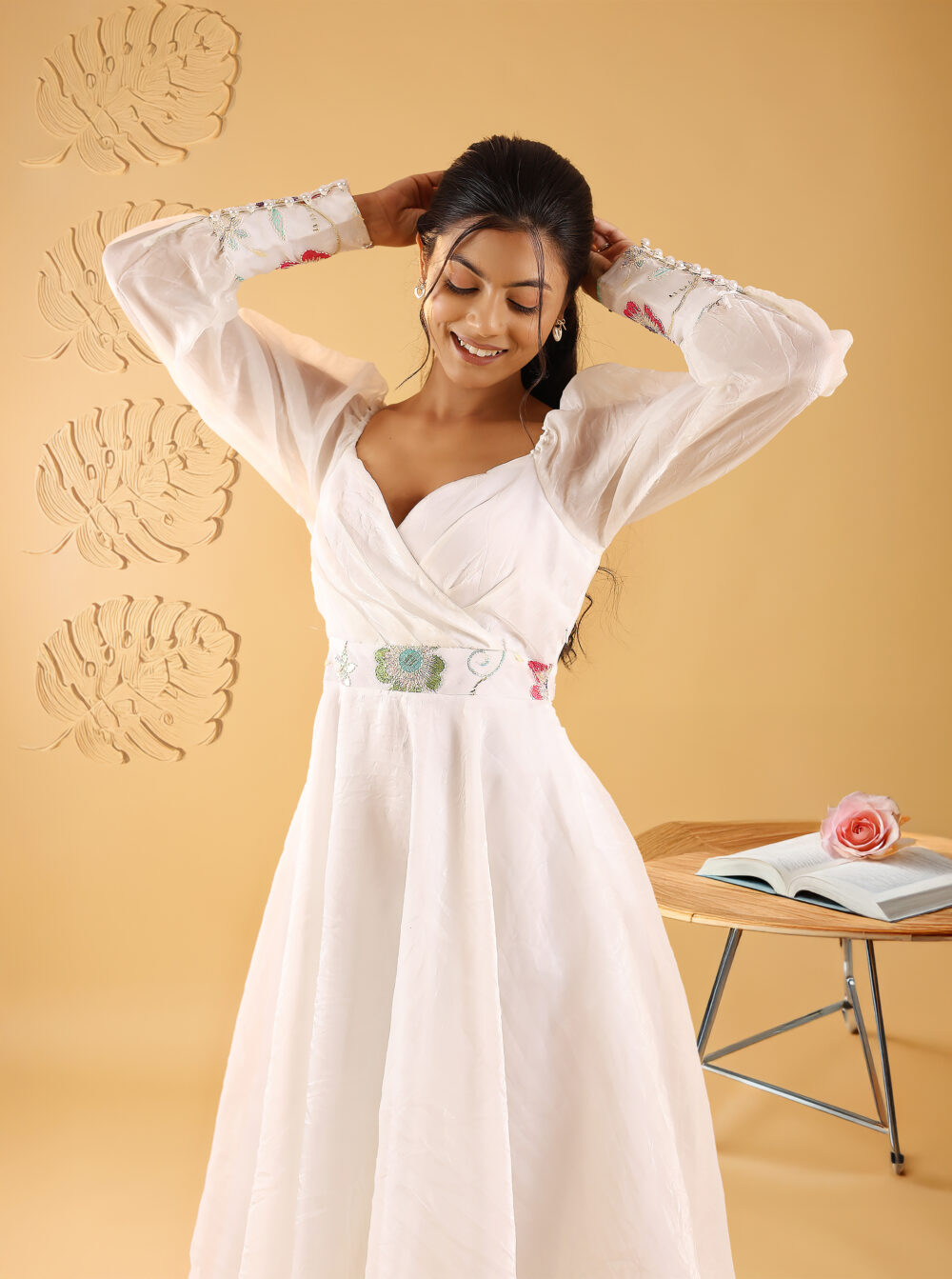 Fairy white one piece indo-western midi dress with full sleeves and subtle embroidery, ideal for wedding, party, and college fest wear
