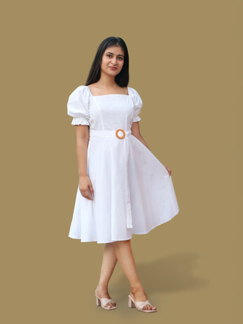 White short dress with puff sleeves and belt – perfect one piece dress for party, birthday or college fest.
