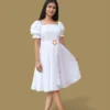 White short dress with puff sleeves and belt – perfect one piece dress for party, birthday or college fest.