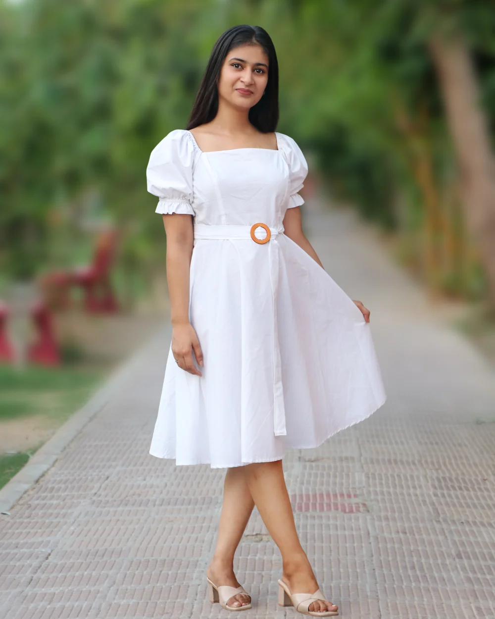 White short dress with puff sleeves and belt – perfect one piece dress for party, birthday or college fest.