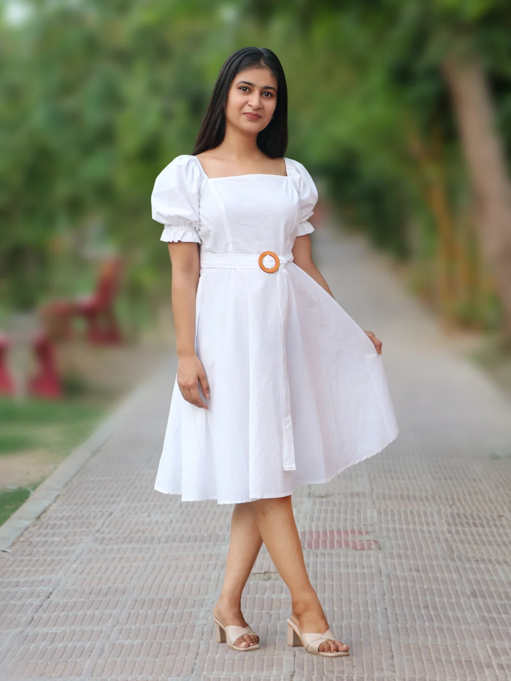 White short dress with puff sleeves and belt – perfect one piece dress for party, birthday or college fest.