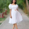 White short dress with puff sleeves and belt – perfect one piece dress for party, birthday or college fest.
