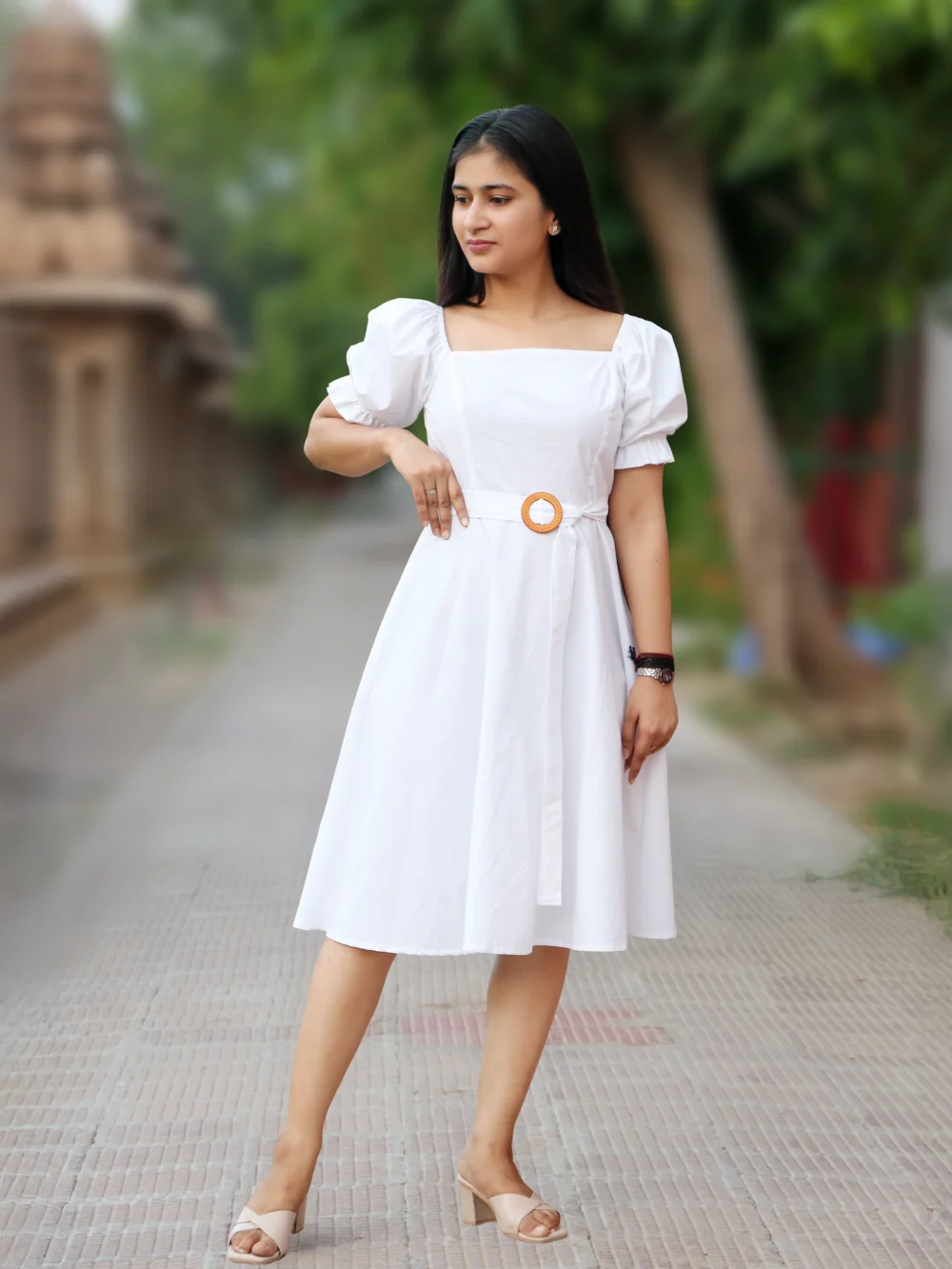 White short dress with puff sleeves and belt – perfect one piece dress for party, birthday or college fest.