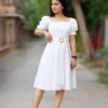 White short dress with puff sleeves and belt – perfect one piece dress for party, birthday or college fest.