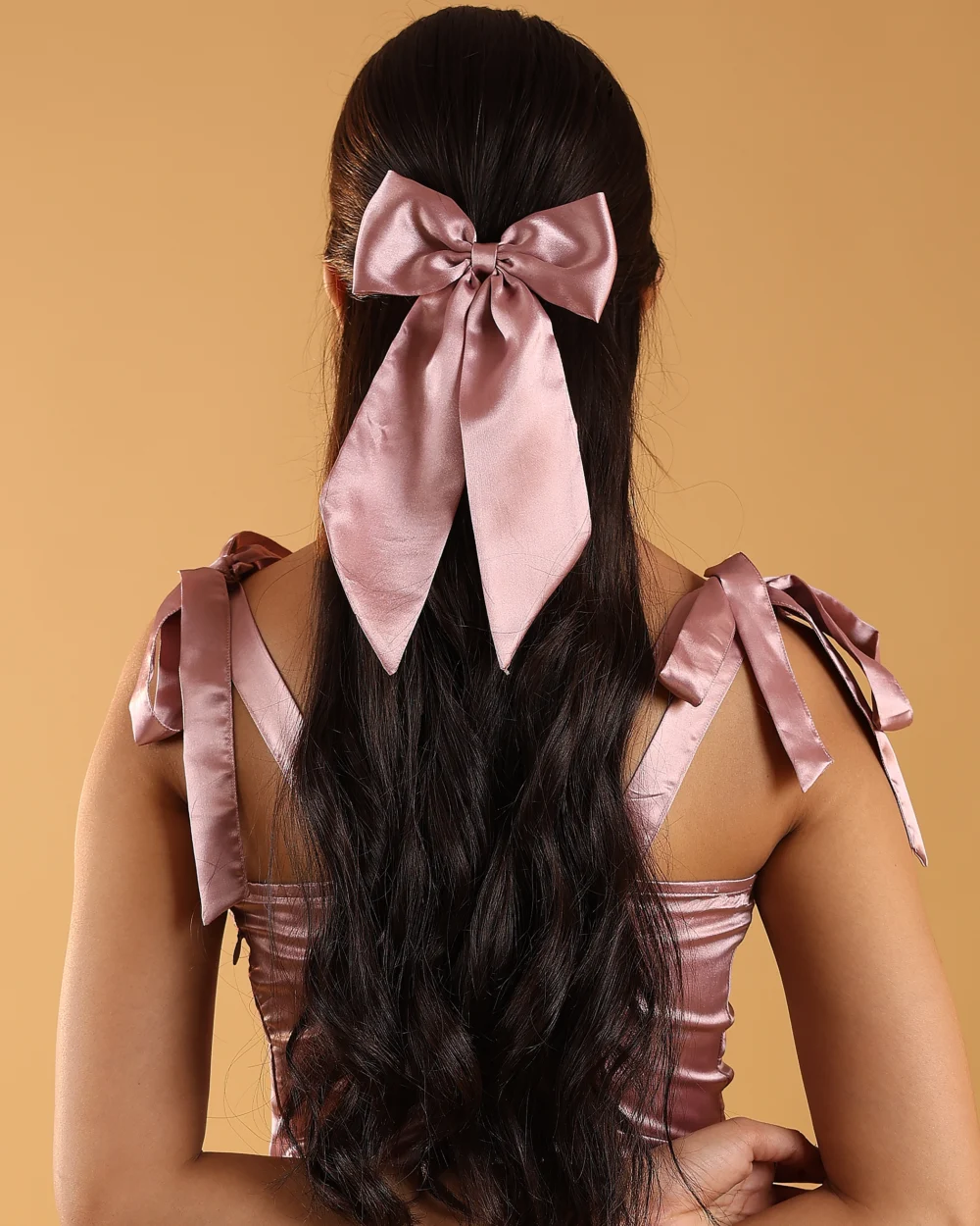 Rose pink satin hair bow for girls, perfect for parties and college farewells.