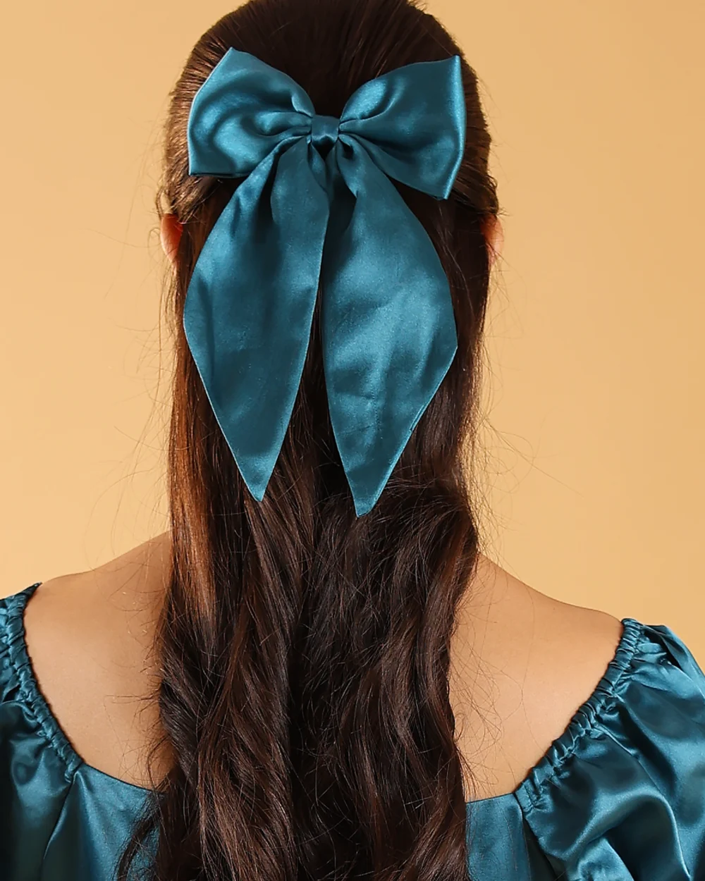 Deep teal satin hair bow clip for women, best for ethnic and formal wear.