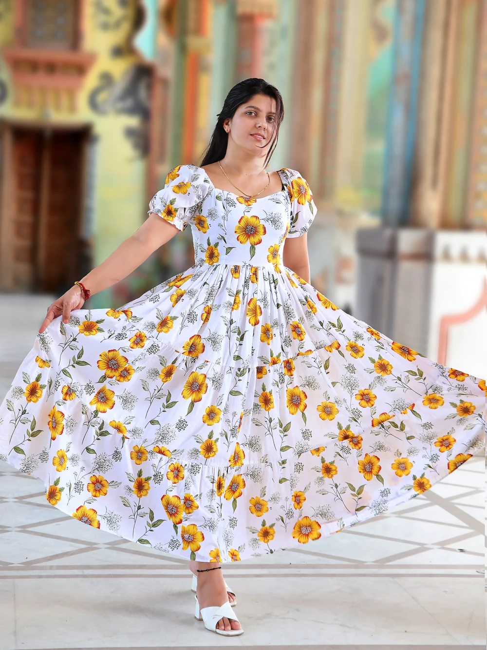 White printed midi dress with yellow floral design for women – party and office wear
