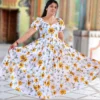 White printed midi dress with yellow floral design for women – party and office wear