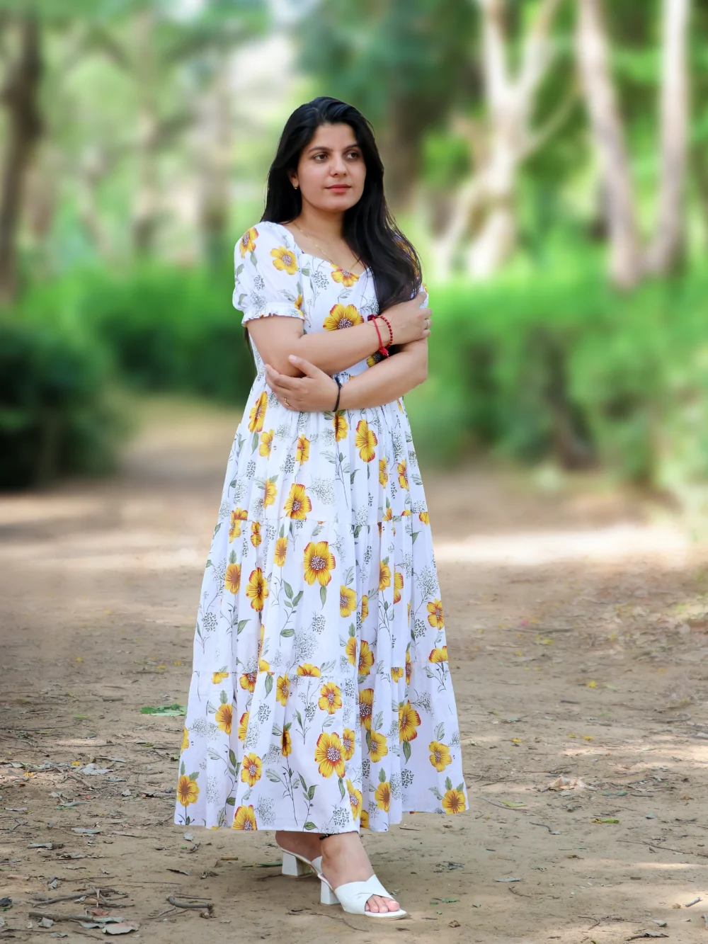 White printed midi dress with yellow floral design for women – party and office wear
