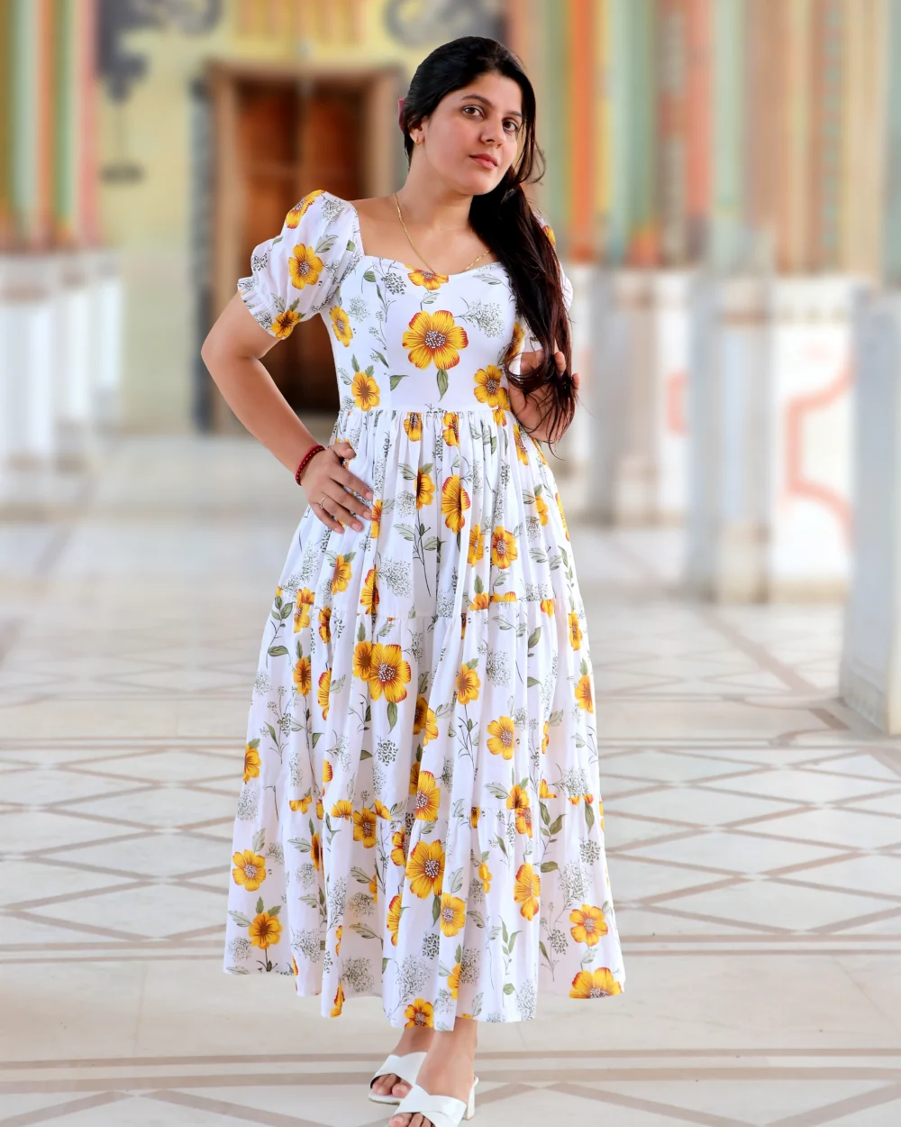 White printed midi dress with yellow floral design for women – party and office wear
