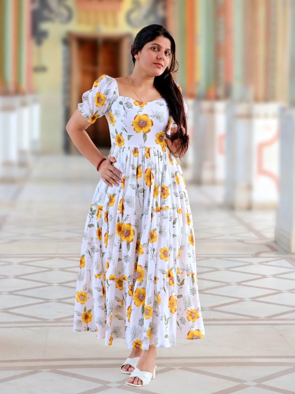 White printed midi dress with yellow floral design for women – party and office wear