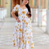 White printed midi dress with yellow floral design for women – party and office wear