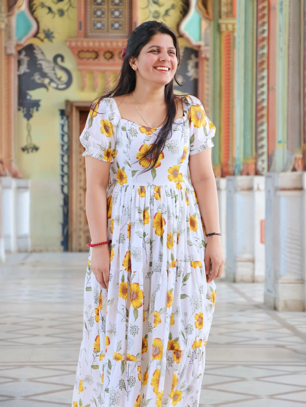 White printed midi dress with yellow floral design for women – party and office wear