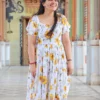 White printed midi dress with yellow floral design for women – party and office wear