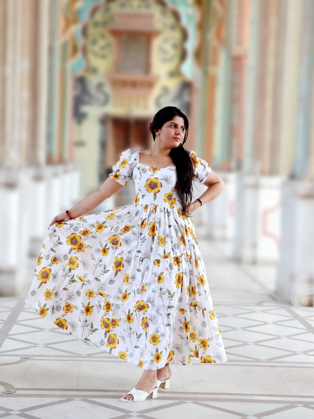 White printed midi dress with yellow floral design for women – party and office wear