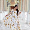 White printed midi dress with yellow floral design for women – party and office wear