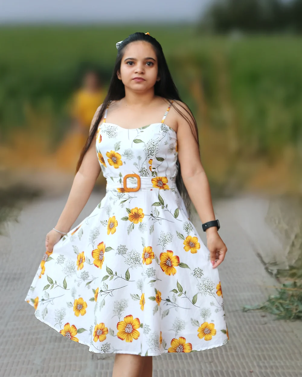 alt="White floral short dress for women with yellow flowers - sleeveless printed cotton mini dress"