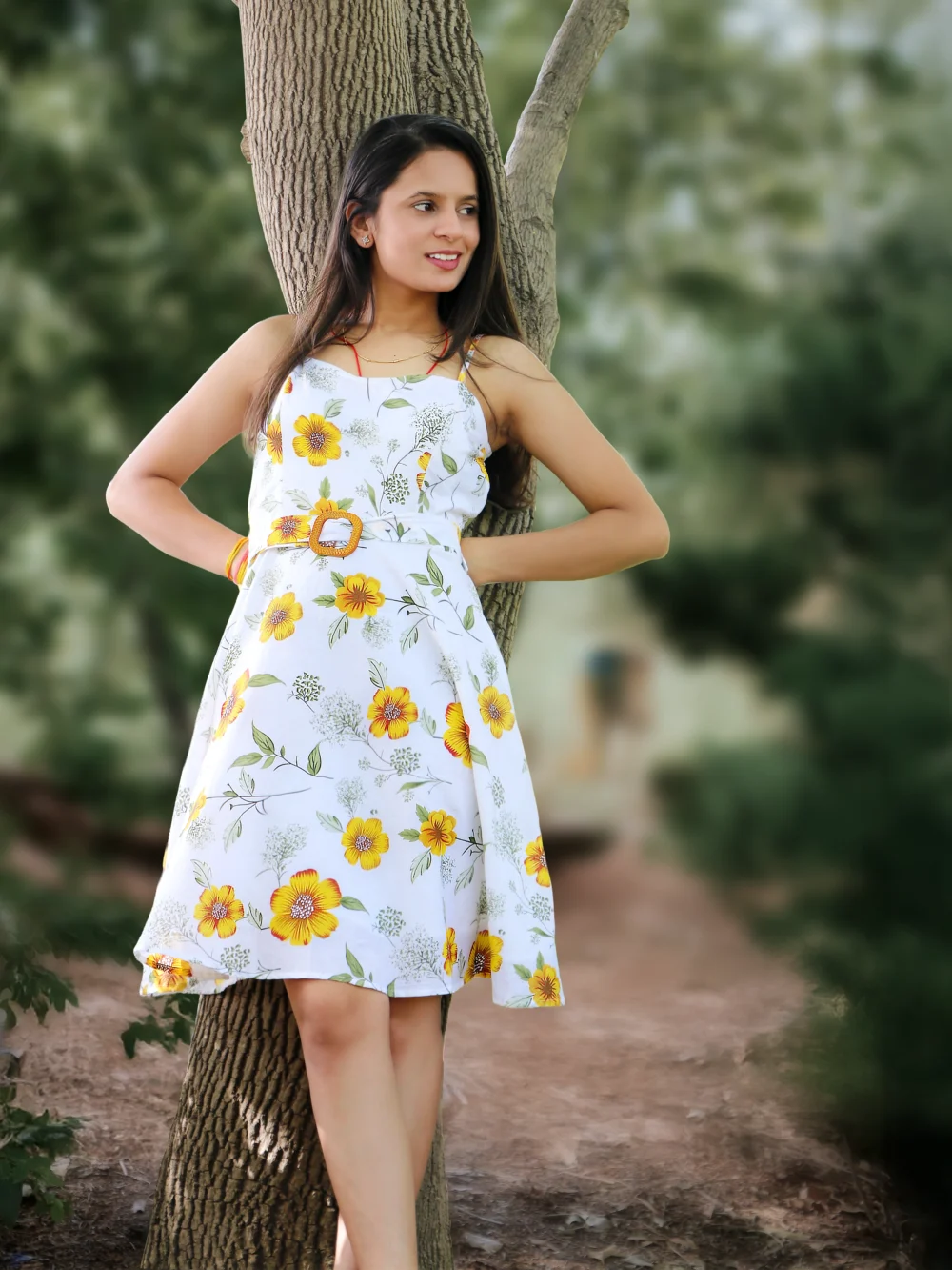 White floral short dress for women with yellow flowers - sleeveless printed cotton mini dress"