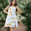 White floral short dress for women with yellow flowers - sleeveless printed cotton mini dress"