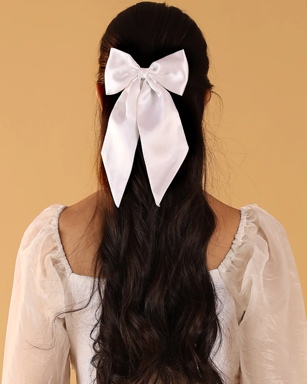White satin bow hair clip, classy accessory for daily use and farewells.