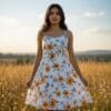 Women’s white floral A-line summer dress with yellow flower print – front and back view