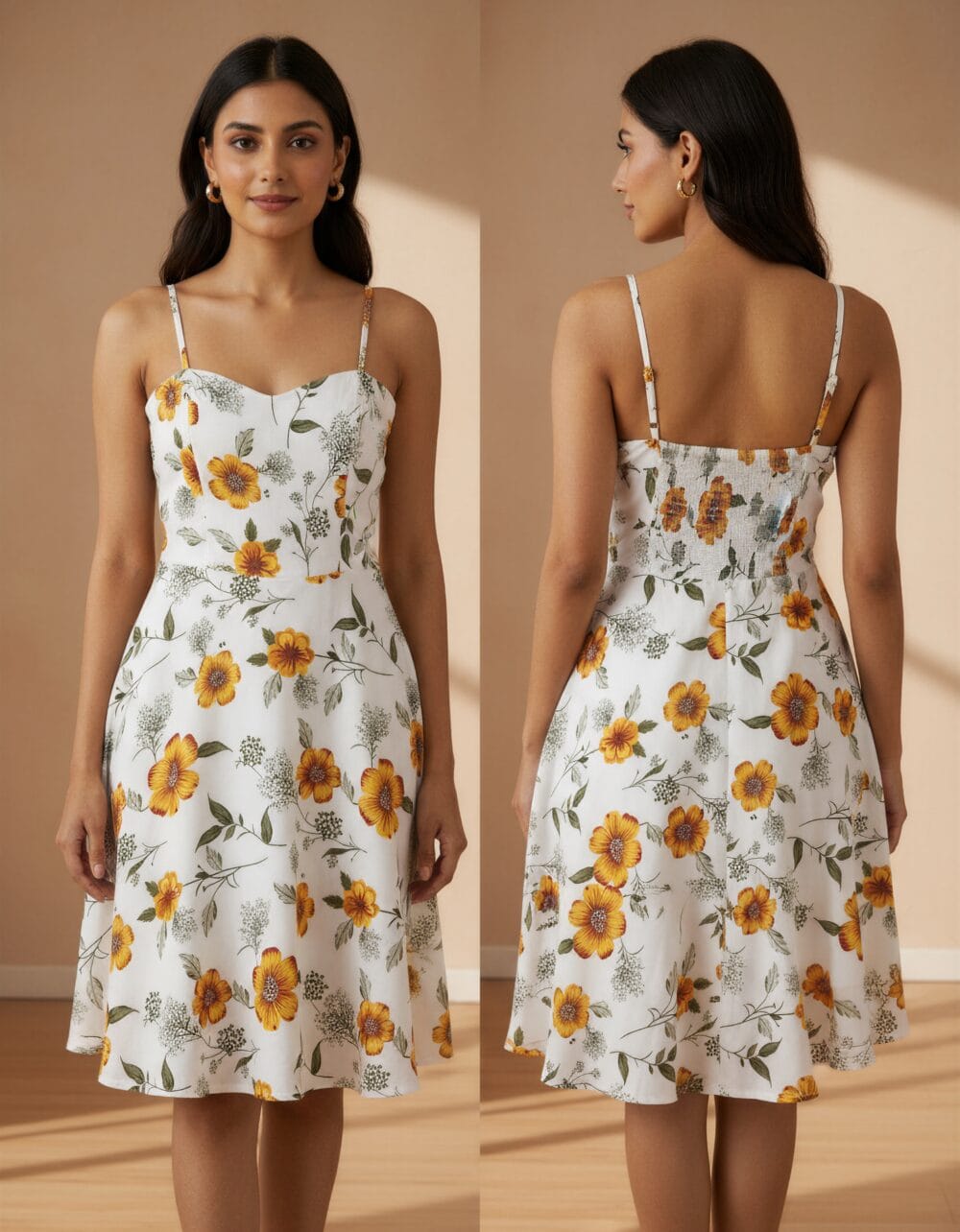 Women’s white floral A-line summer dress with yellow flower print – front and back view