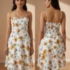 Women’s white floral A-line summer dress with yellow flower print – front and back view