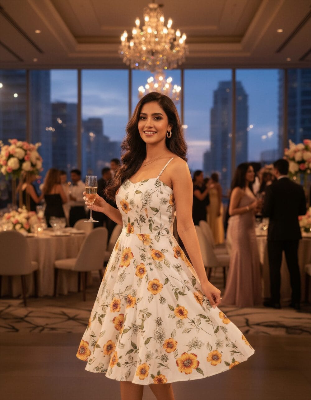 Women’s white floral A-line summer dress with yellow flower print – front and back view